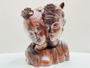 Wooden Carved Oriental Asian Couple Sculpture Coromandel Wood Heads Bust Woman - Bild 1 von 11