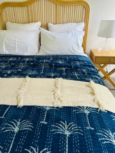 Blue Print Indigo Tree Quilted Kantha Throw Soft Coverlet Summer Quilt Kantha - Picture 1 of 4