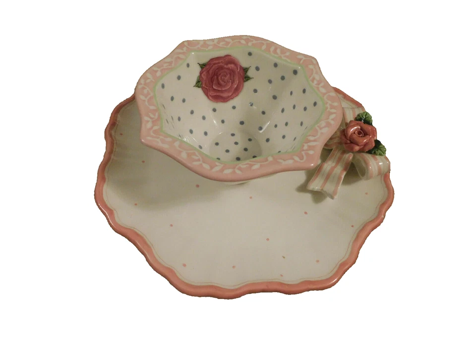 Lot Bella Casa Ganz Ceramic White Pink Rose Bow Flower Plate & Mary Hughes Bowl - Image 1 of 4