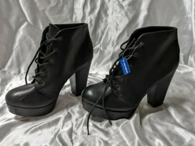 NEW Black 4.5" Block High Heel Round Toe Lace Up Sexy Ankle Boots Women Size 7 - Image 1 of 4