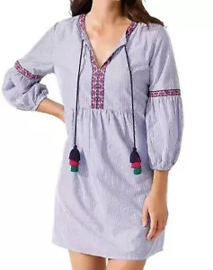 Tommy Bahama Poplin Split Neck Dress Size XS Stripe Blue 100% Cotton NEW $138 - Picture 1 of 2