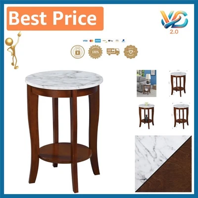 Classic White Faux Marble Round End Table with Storage Shelf - Espresso Finish - Image 1 of 4