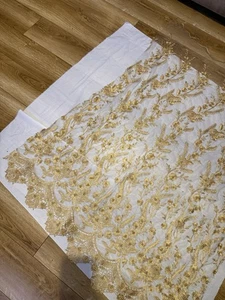 1m Braut Neu Gold Stickerei Stoff überbacken beidseitig Blumen Spitze 52" - Bild 1 von 8