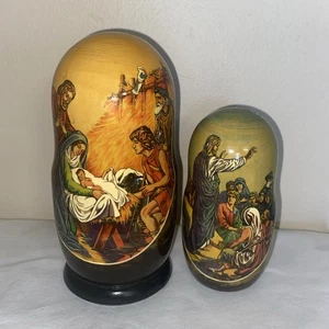 VTG Russian Wood Religious Nesting Dolls Set Of (2) Jesus Christ Nativity~SIGNED - Foto 1 di 7