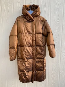 Sosken Ethical Down Feather Long Coat Womens Sz 2 JANIS Hooded Iridescent Bronze - Picture 1 of 13