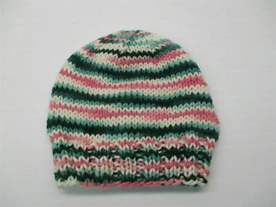  Sombrero HECHO A MANO para niñas pequeñas invierno verde azulado/rosa rayas ganchillo gorro  Foto 1 de 4
