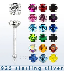 5pcs. 22G 2mm CZ Prong Set Nose Bone .925 Sterling Silver Nose Stud Ring  - Picture 1 of 3
