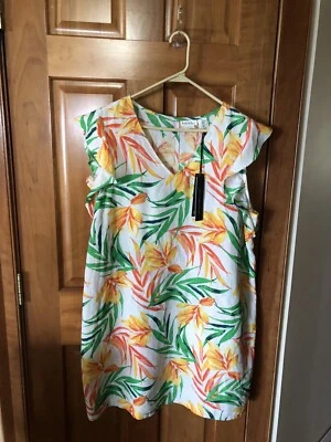 Nicole Miller 100% Linen Dress, Xl, NWT, Tropical, Cap Sleeves - Image 1 of 4