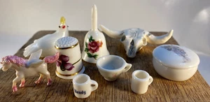 Mixed Lot of Dollhouse Minis: Cow Skull, Thimble, Bell, Unicorn, Chicken, Cups - Picture 1 of 11