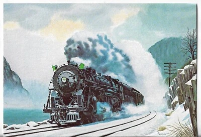 NOS LEANIN' TREE Christmas Card 7.25x5.5 Green Flags for a Xmas Run Train - Image 1 of 3