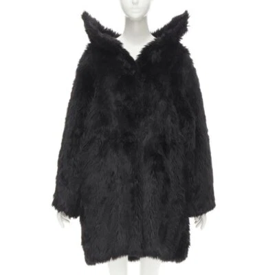 runway BALENCIAGA Demna Runway black faux fur Swing off shoulder coat FR34 XS - Image 1 of 4