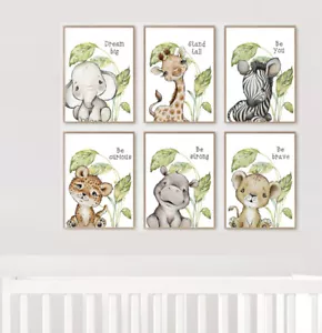 Nursery Decor Africa Leaf Quote Baby Animals Hippo Giraffe Zebra Prints Set of 6 - Picture 1 of 7