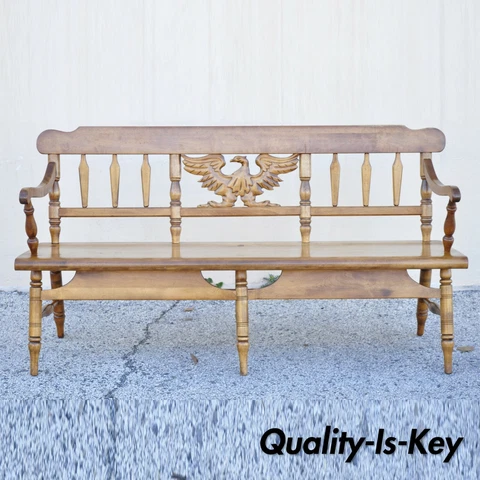 Vintage Cushman Maple Wood Settee Bench Carved Eagle Back Deacons Bench Cover