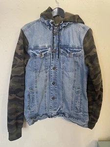Brooklyn Stoff blau Jeansjacke grün Camouflage Kapuze Ärmel Knöpfe Taschen Gr. L - Bild 1 von 14