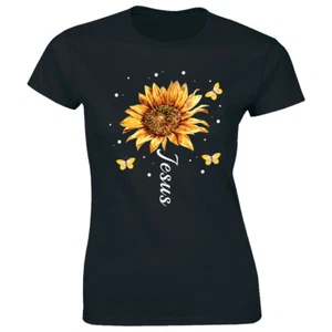 T-shirt donna Gesù con girasole e farfalle carina religiosa cristiana - Foto 1 di 1