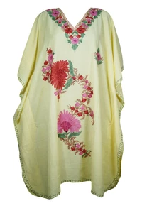 Lemon Yellow Embellished Floral Short Caftan Beach Cover Up Tunic Loose Dress 2X