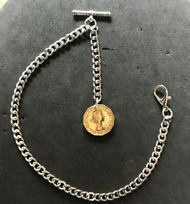  Albert pocket watch chain with a ER II Brass Threepenny Bit  fob,silver colour - Image 1 of 4
