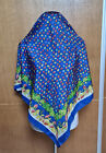 VINTAGE AUTHENTIC SILK FLORAL FRUITS BLUE SCARF HAND ROLLED