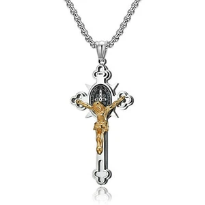 Collana Uomo Cattolica Gesù Crocifisso Croce Pendente San Benedetto Nuova - Foto 1 di 5