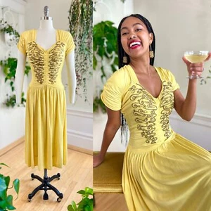 Vintage 1940s Formal Gown 40s Gold Filigree Yellow Jersey Evening Party Dress - Picture 1 of 10
