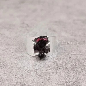 NATURAL GARNET RAW GEMSTONE 925 STERLING SILVER WIDE BAND UNISEX CHRISTMAS RING - Picture 1 of 5