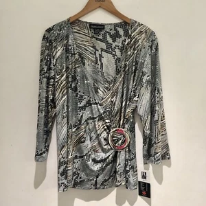 Bnwt Frank Lyman Faux Wrap Top Size 22 Silver Grey Animal Print Sequins Cruise - Picture 1 of 8