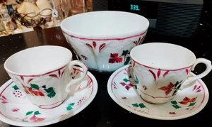 Antik 19. Jahrhundert rosa Glanzgeschirr 2 Teetassen/Untertassen, 6" Schale um 1830-1850 - Bild 1 von 10