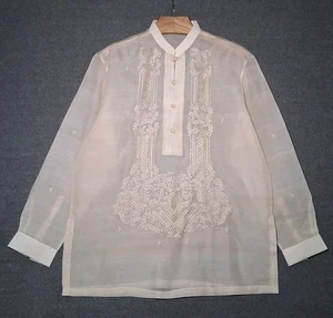 Barong Tagalog Filipino Shirt Mens Size XL Tan Sheer Embroidered Henley Button - Picture 1 of 6