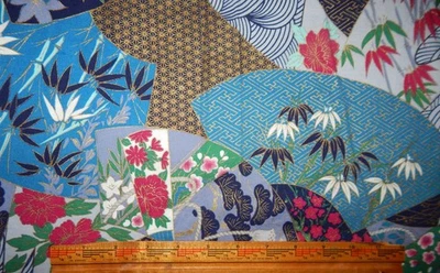 vintage Trans Pacific Asian cotton fabric Japanese floral  blue BTY metallic gol - Image 1 of 4