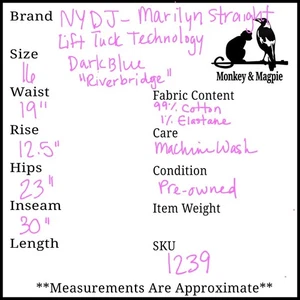 Pantalones de mezclilla NYDJ Marilyn rectos azul oscuro tecnología Lift Tuck talla 16 para mujer - Imagen 1 de 1