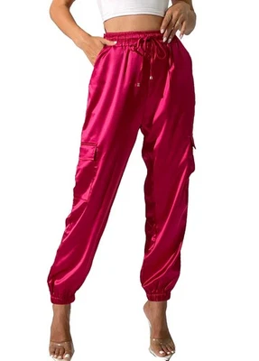 Pantalones de chándal cargo satinado rosa XL para mujer bolsillos elásticos en la cintura Foto 1 de 4
