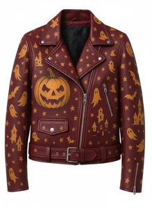 Unisex Halloween Pumpkin Ghost Cowhide Leather Biker Moto Jacket - Picture 1 of 9