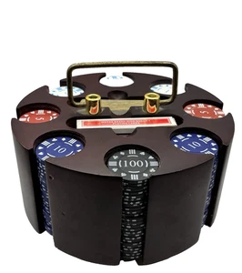 Vintage Wooden Poker Chip Carousel Set with Two Cards Stots - Casino Collectable - Picture 1 of 13
