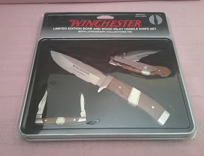¡Nuevo juego de 3 cuchillos sellado Winchester 2009 edición limitada mango con incrustaciones de hueso y madera! Foto 1 de 4