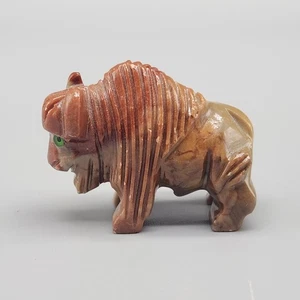 Buffalo Bison Zuni Fetish Pink Brown Soapstone Carved Totem Figurine Green Eyes - Picture 1 of 9