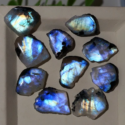 Lunar Palette~ 10 PCS Natural Rainbow Moonstone 18-25mm Polished Slabs Gemstones - Image 1 of 4