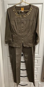 Ruby Rd 2-Piece Pantsuit Jacket 14 Pants 12 Olive Green Denim Rhinestones - Picture 1 of 17