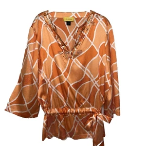 St. John Embellished Top L Silk Blend Peplum Blouse Geometric Print Bell Sleeve - Picture 1 of 13