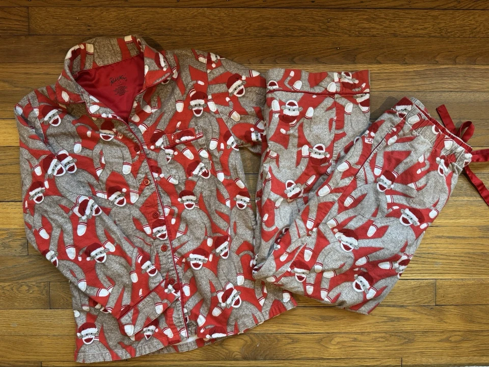 EUC Nick & Nora Christmas Santa Sock Monkey Flannel Pajama Set, Small - Image 1 of 1