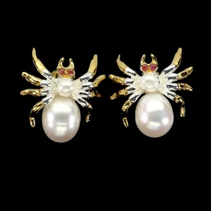 925 Sterling Silver Earrings Round Ruby Pearl Natural Gemstone Spider Jewelry - Picture 1 of 13