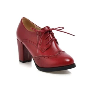Tan Lace Up Oxford Heels Vintage Shoes Women Chunky Heels Round Toe Shoes Bootie - Picture 1 of 9
