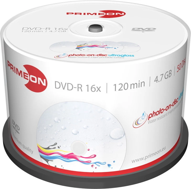 600 Primeon Rohlinge DVD-R full printable ultragloss water 4,7GB 16x Spindel - Bild 1 von 1
