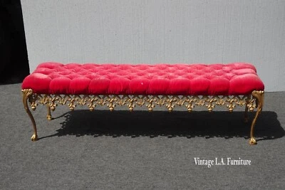 Vintage French Hollywood Regency Bed Side Red Velvet Bench Gold Cast Iron Skirt - Image 1 of 4