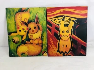 Pokémon Art Wooden Canvas 8x10 Pickachu Van Gough Evee Pickachu Picture Prints - Picture 1 of 8