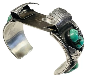Vintage Navajo Signed Jerry Roan Sterling Silver Turquoise Watch Bracelet 76gr - Picture 1 of 24