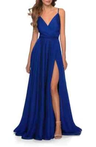 La Femme Marine Blue V-Neck High Leg Slit Chiffon Ballgown Size 2 $328 - Picture 1 of 3