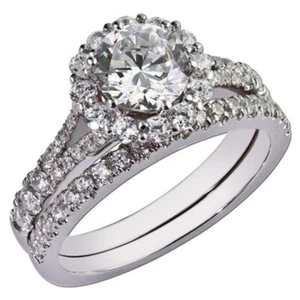 2CT Redondo Imitación Diamante Bañado en Oro Blanco Halo Anillo de Compromiso & - Imagen 1 de 4
