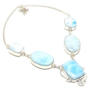 Natural Caribbean Larimar Gemstone Chain Necklace 925 Sterling Silver Jewelry
