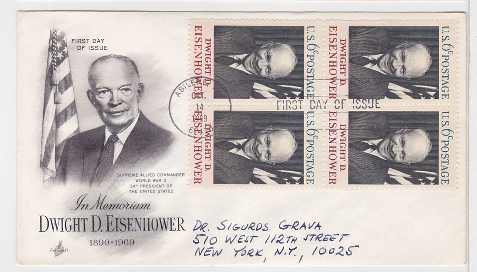 TurtlesTradingPost- Dwight D. Eisenhower 1969 #1383 FDC Artcraft- Block of 4 - Image 1 of 1