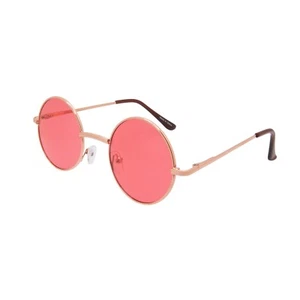 Retro Round Vintage Hippie Sunglasses Red Lens Metal Gold Frame Spring Hinge - Picture 1 of 6
